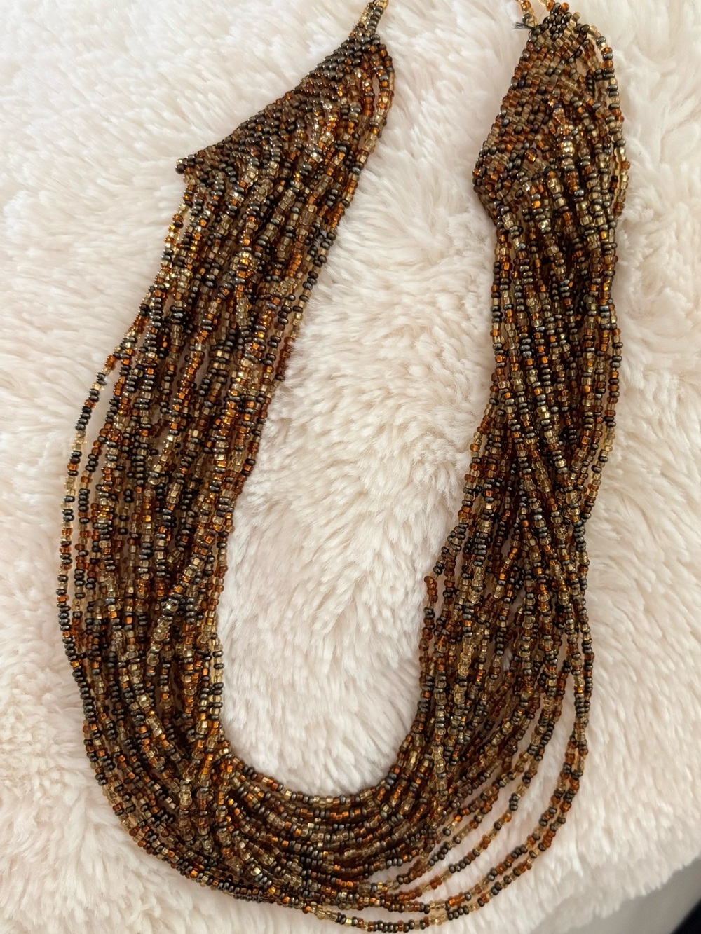 Multi-Strand Seed Bead Necklace in Brown and Gold